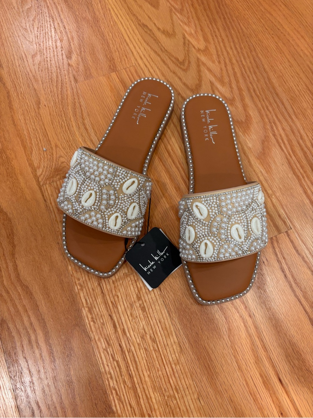 Isabel Marant Tan Embellished Slide Mules with Shell & Pearl Detail